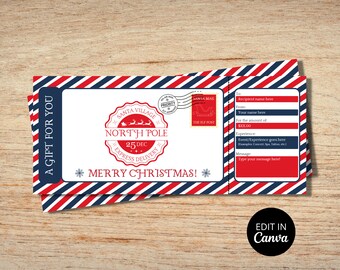 Certificado de regalo de Navidad imprimible, plantilla de certificado de regalo editable, certificado de regalo de Papá Noel, vale de regalo de Navidad, regalo de último minuto