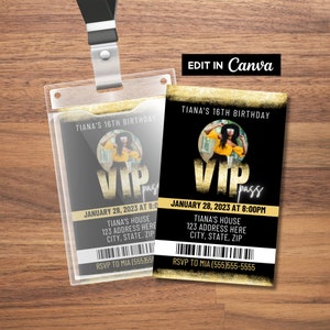 Gouden VIP Pass-feestuitnodiging, VIP-inzetstuk voor Lanyard, VIP Pass-uitnodiging, VIP-verjaardagsuitnodiging, afdrukbare VIP-pas, VIP-pas met foto