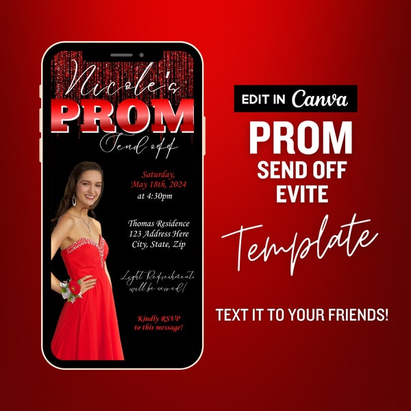 RED Prom Send off Evite, Prom Night Send Off Party, Digital Prom Night Party Invite, Graduation Night Invite, Prom Flyer, Text Invite