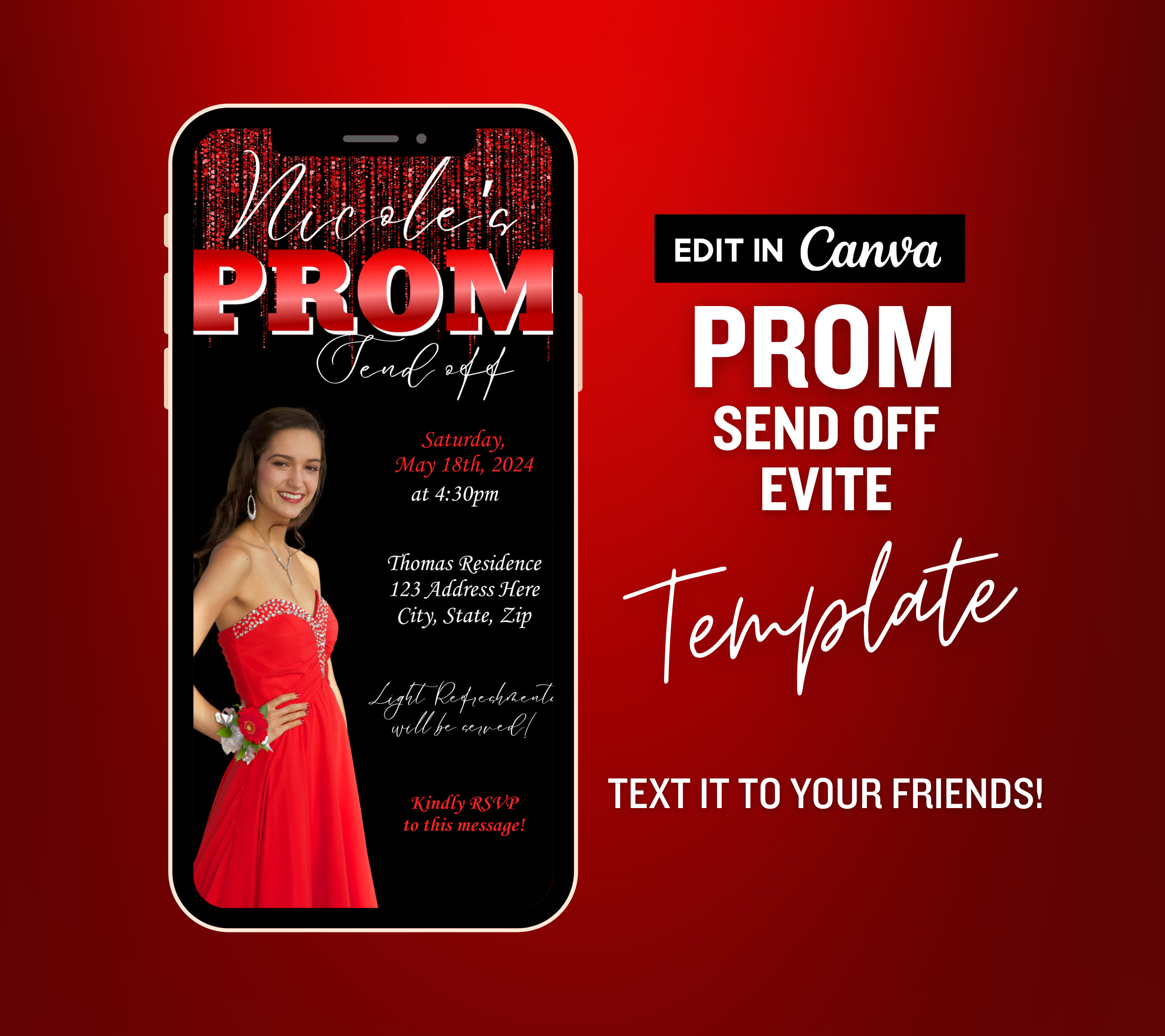 RED Prom Send off Evite, Prom Night Send off Party, Digital Prom Night ...
