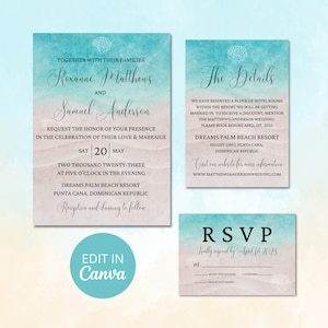 Beach Wedding Invitation Set, Destination Wedding Invitation Bundle, Tropical Wedding, Summer Wedding, Editable Template, Printable