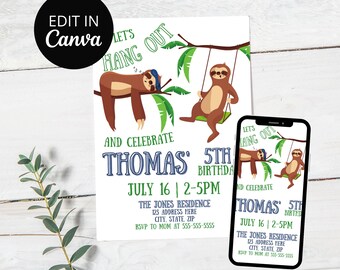 Sloth theme Birthday Invitation, Lets Hang Party Invite, Evite, Kids Birthday, ANY AGE, Boy, Girl, Minimalist, Editable, Printable, Template