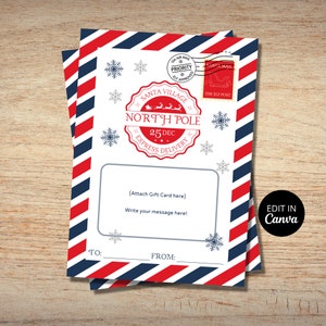 Kerstcadeaukaarthouder, Kerstmanbezorging, Vakantiecadeaukaart, Noordpoolbriefkaartcadeau, Bewerkbare cadeaukaarthouder, Afdrukbaar, Sjabloon