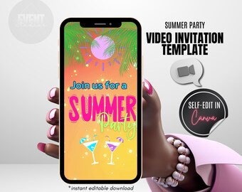 Video-uitnodiging zomerfeestje, zwembadfeestje uitnodigen, zomerfeestje uitnodigen, einde zomerfeest, BBQ-feest, zomerthema Evite, geanimeerde uitnodiging