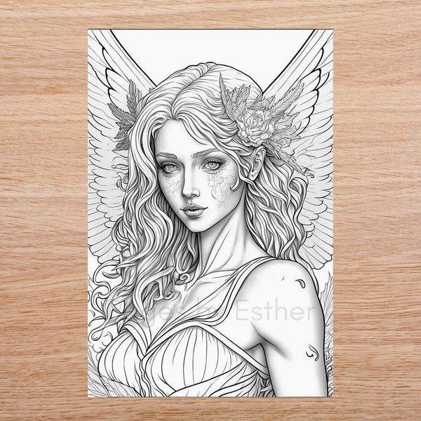 Fantasy Forest Fairy Coloring Page Grayscale illustration | Procreate | Nymph Fae Fairy Elf Instant Download Printable File (JPEG and PDF)