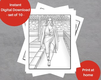 Grey scale Curvy Women - Set of 10 - Adult Coloring Page. Hand-drawn Curvy Women Portraits. Instant Printable Digital download.