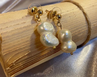 Drop Pearl Earrings, Wedding Jewelry, Real Big baroque Pearl, Unique gift, Mother’s Day gift, Natural Freshwater Pearl, Twin pearls earrings