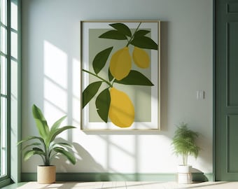 Botanical citrus illustration, modern art print with lemon motif, ideal for the kitchen or living area. Modern lemon art print