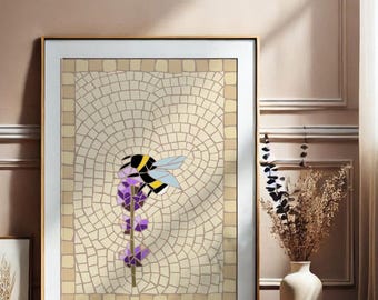 Mosaic bee with lavender, digital print, mosaic digital print, poster for self-printing