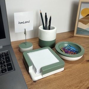Desk Accessories Set - Post-It Holder - Pen Cup - Desk Organizer - Desk Set - Minimalist - Cement - Home Office - Paper Clip Holder