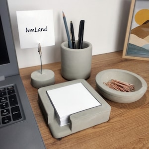 Desk Accessories Set - Post-It Holder - Pen Cup - Desk Organizer - Desk Set - Minimalist - Cement - Home Office - Paper Clip Holder