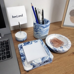 Desk Office Set of 4, Concrete-Cement- Desk Accessories Set Office Supplies, Office Organizer, Pen Holder, Post-It Holder, Marble Appearance