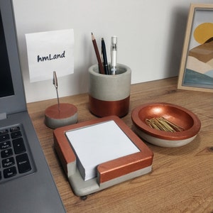 Desk Office Set of 4, Concrete-Cement- Desk Accessories Set Office Supplies, Office Organizer, Pen Holder, Post-It Holder, Paper Clip Holder