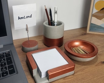 Desk Office Set of 4, Concrete-Cement- Desk Accessories Set Office Supplies, Office Organizer, Handmade, Post-It Holder, Paper Clip Holder