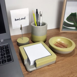 Desk Accessories Set - Post-It Holder - Pen Cup - Desk Organizer - Desk Set - Minimalist - Cement - Home Office - Paper Clip Holder