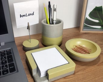 Desk Office Set of 4, Concrete-Cement- Desk Accessories Set Office Supplies, Office Organizer, Pen Holder, Post-It Holder, Paper Clip Holder