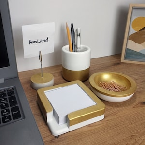 Desk Office Set of 4, Concrete-Cement- Desk Accessories Set Office Supplies, Office Organizer, Pen Holder, Post-It Holder, Paper Clip Holder
