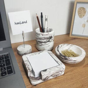 Desk Office Set of 4, Concrete-Cement- Desk Accessories Set Office Supplies, Organizer, Pen Holder, Post-It Holder, Marble Pattern, Brown
