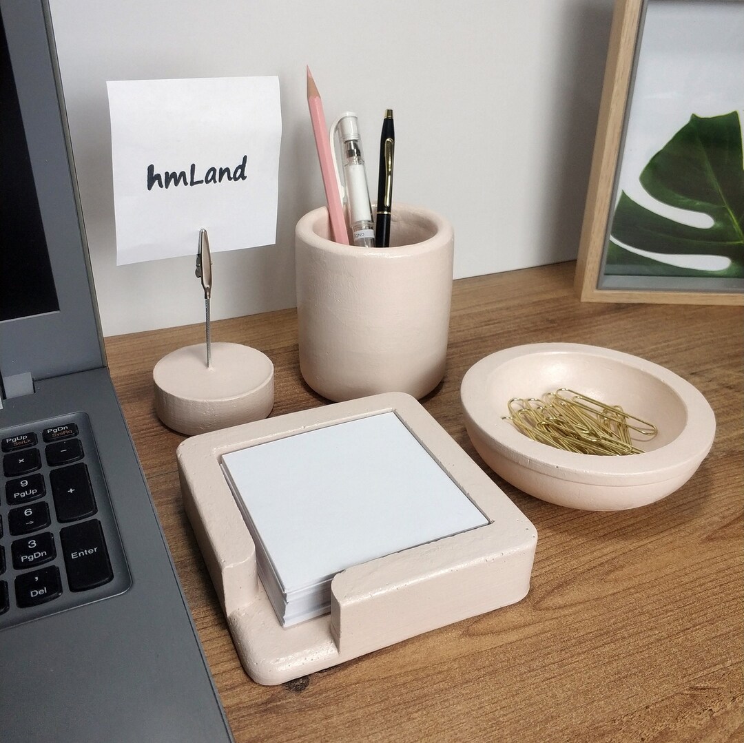Desk Office Set of 4 Concretecement Desk Accessories Set Etsy