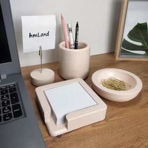 Desk Office Set of 4, Concrete-Cement- Desk Accessories Set Office Supplies, Office Organizer, Pen Holder, Post-It Holder, Paper Clip Holder