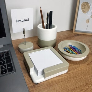 Desk Office Set of 4, Concrete-Cement- Desk Accessories Set Office Supplies, Office Organizer, Pen Holder, Post-It Holder, Paper Clip Holder