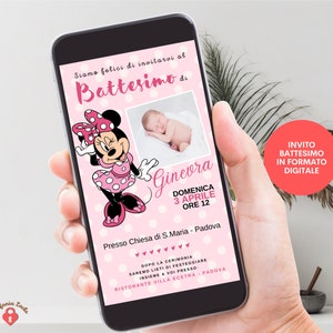 Invito digitale Battesimo Minnie, Invito con Foto, Invito Compleanno, File DIGITALE, Invito Whatsapp, Battesimo bambina