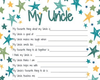 Idée cadeau à imprimer pour la fête des pères de mon oncle. Raisons pour lesquelles j'aime le souvenir des activités manuelles de mon oncle. Questionnaire sur le cadeau d'anniversaire du meilleur oncle.