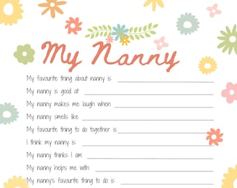 All about my Nanny Printable Mothers Day gift idea ~ About my Nanny ~ Mothers Day activity ~ Nanny keepsake birthday gift. DIGITAL DOWNLOAD