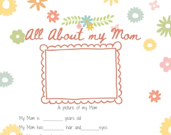 All about my Mom Printable Mothers Day activity ~ About my mommy  ~ Mothers Day gift ideas~ Mother's Day keepsake ~ instant DIGITAL DOWNLOAD