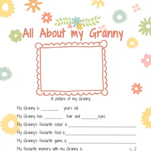 Idée cadeau imprimable pour la fête des mères de grand-mère ~ À propos de ma grand-mère ~ Activité pour la fête des mères ~ Cadeau souvenir grand-mère ~ TÉLÉCHARGEMENT NUMÉRIQUE