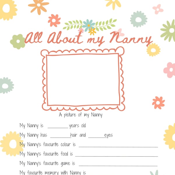All about my Nanny Printable Mothers Day activity ~ About my nan ~ Mothers Day gift ideas~ Mother's Day keepsake ~ instant DIGITAL DOWNLOAD