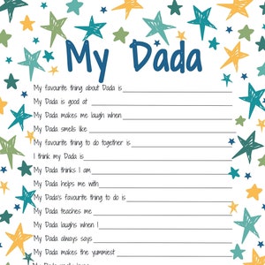 Alles über meine Dada druckbare Vatertagsgeschenkidee. Gründe, ich Dada Handwerk Aktivität Andenken zu lieben. Bestes Dada Geburtstagsgeschenk. Digitaler Download.