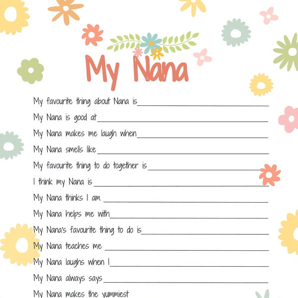 All about my Nana Printable Mothers Day gift idea. Reasons I love Nana craft activity keepsake birthday gift.  Best Nana. DIGITAL DOWNLOAD