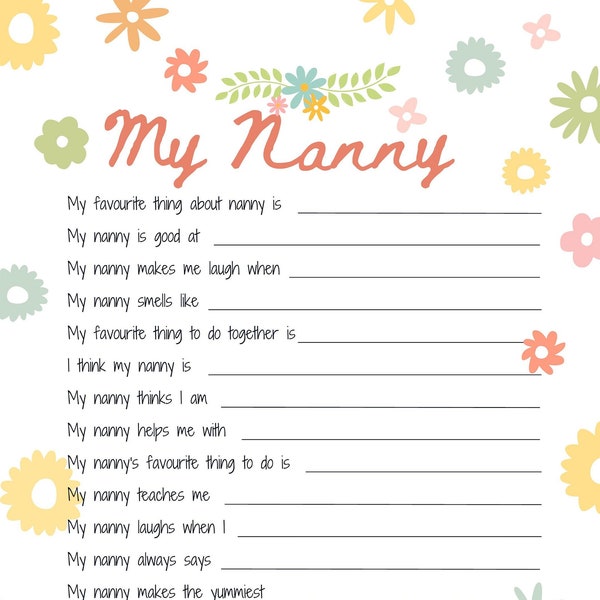 All about my Nanny Printable Mothers Day gift idea ~ About my Nanny ~ Mothers Day activity ~ Nanny keepsake birthday gift. DIGITAL DOWNLOAD