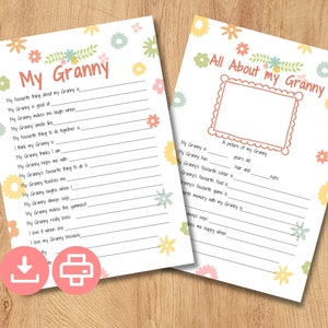 Raisons pour lesquelles j'aime grand-mère Idée cadeau souvenir imprimable. Lot d'activités pour la fête des mères. Tout sur le cadeau d'anniversaire de ma grand-mère. TÉLÉCHARGER