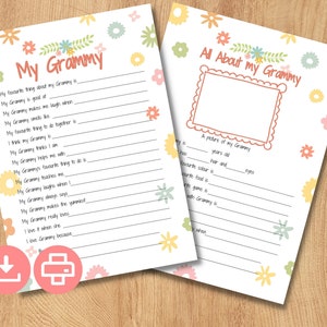 Razones por las que me encanta la idea de regalo de recuerdo imprimible de Grammy. Paquete de actividades para el Día de la Madre. Todo sobre mi regalo de cumpleaños del cuestionario Grammy. DESCARGAR