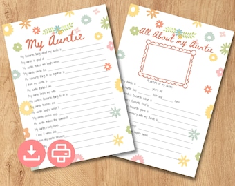 Raisons pour lesquelles j'aime tante Idée cadeau souvenir imprimable. Lot d'activités pour la fête des mères. Questionnaire cadeau d'anniversaire pour ma tante. TÉLÉCHARGER