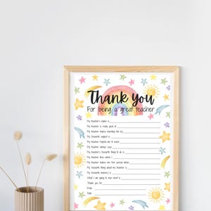 A digital download printable document for child to answer questions in an interview style to express their gratitude to a teacher. Style is watercolour stars and rainbows background, colouring in pastel rainbow colours.
