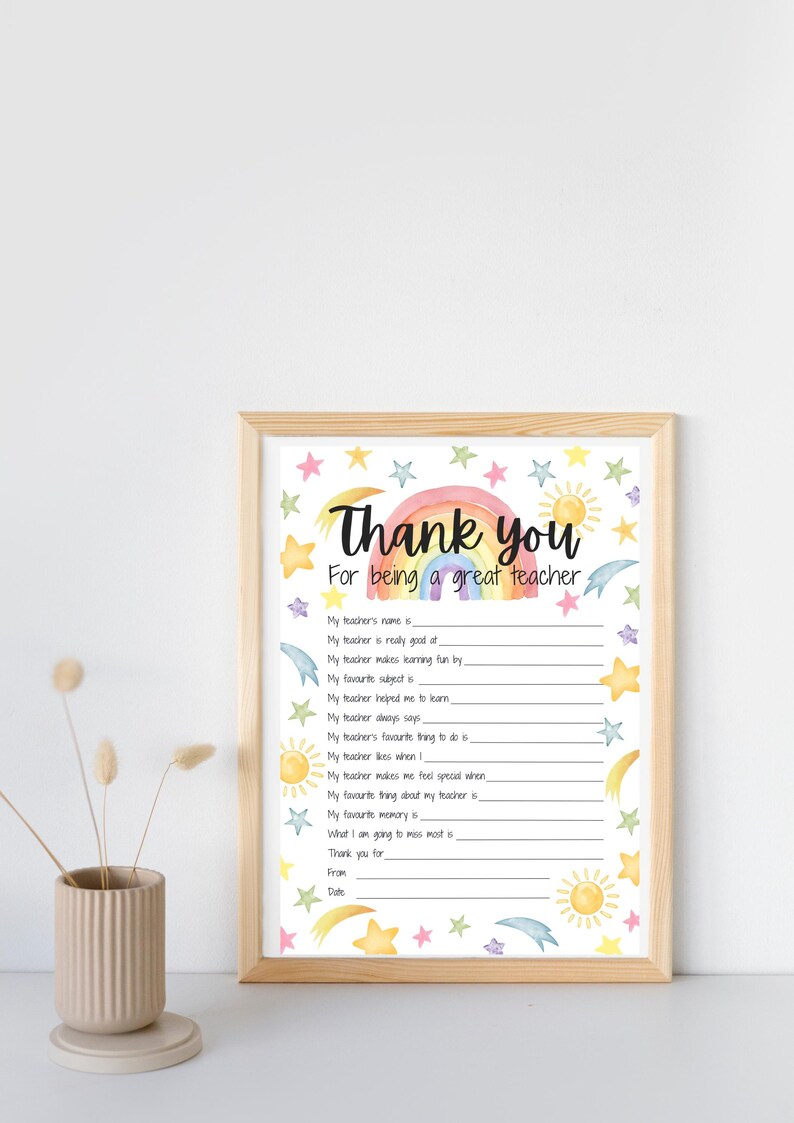 A digital download printable document for child to answer questions in an interview style to express their gratitude to a teacher. Style is watercolour stars and rainbows background, colouring in pastel rainbow colours.