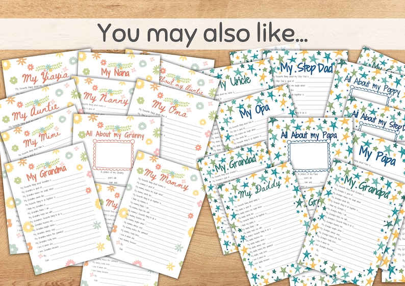 May include: A collection of fill-in-the-blank cards with floral and star designs. The cards are labeled with terms like "My Grandma," "My Grandpa," and "My Daddy." The cards are on a wooden surface.