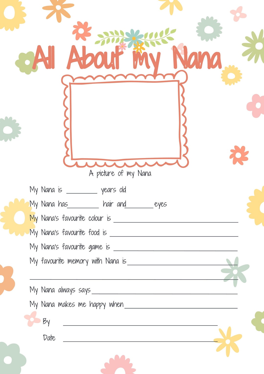 All About My Nana Printable Mothers Day Gift Reasons I Love My Nana Keepsake Activity Gift All About My Nana Printable Mothers Day Gift Reasons I Love My Nana Keepsake Activity Gift