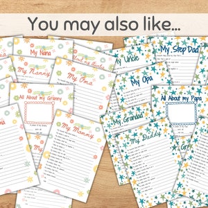 May include: A collection of printable fill-in-the-blank questionnaires for kids to learn about their family members. The questionnaires feature floral and star patterns and include titles like "My Grandma", "My Papa", "My Auntie", and "My Step Dad".