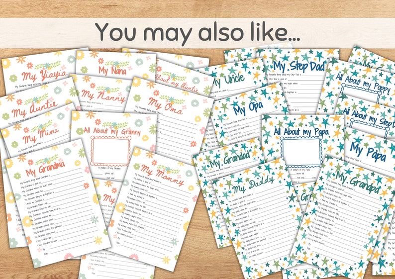 May include: A collection of printable fill-in-the-blank questionnaires for kids to learn about their family members. The questionnaires feature floral and star patterns and include titles like "My Grandma", "My Papa", "My Auntie", and "My Step Dad".