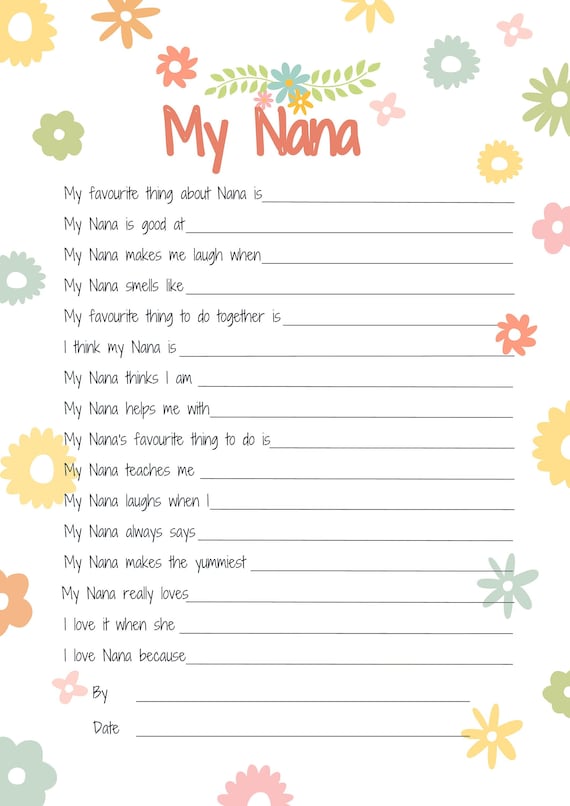 All about my Nana Printable Mothers Day gift idea. Reasons I love Nana craft activity keepsake birthday gift.  Best Nana. DIGITAL DOWNLOAD