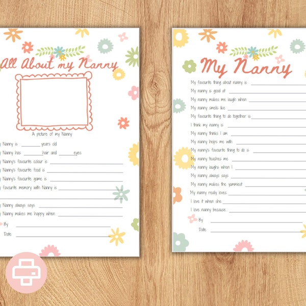 All about my Nanny Printable gift idea ~ Mothers Day activity bundle ~ Nanny keepsake gift ~ Reasons I love Nanny ~ Instant DIGITAL DOWNLOAD