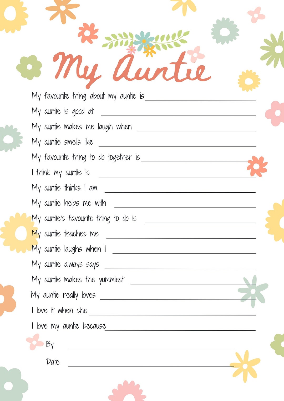 All About My Auntie Printable Mothers Day Gift Idea. Reasons I Love My ...