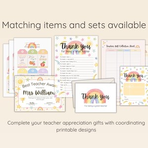 May include: A collection of printable teacher appreciation gifts, including award certificates, thank you cards, gift tags, and a teacher gift collection sheet. The designs feature rainbows, stars, and suns, with text that reads "Thank you" and "Best Teacher Award."