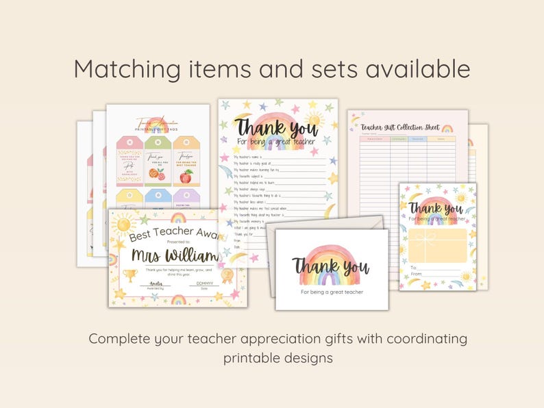 May include: A collection of printable teacher appreciation gifts, including award certificates, thank you cards, gift tags, and a teacher gift collection sheet. The designs feature rainbows, stars, and suns, with text that reads "Thank you" and "Best Teacher Award."