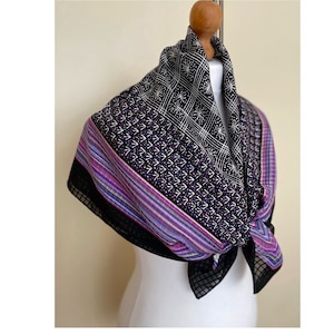 Vintage Jean Patou Paris Silk Square Scarf Black Purple Silk Retro Neckerchief Striped Plaid 70s 80s Foulard Seta, 33,5x33,5&quot;, 85x86 cm