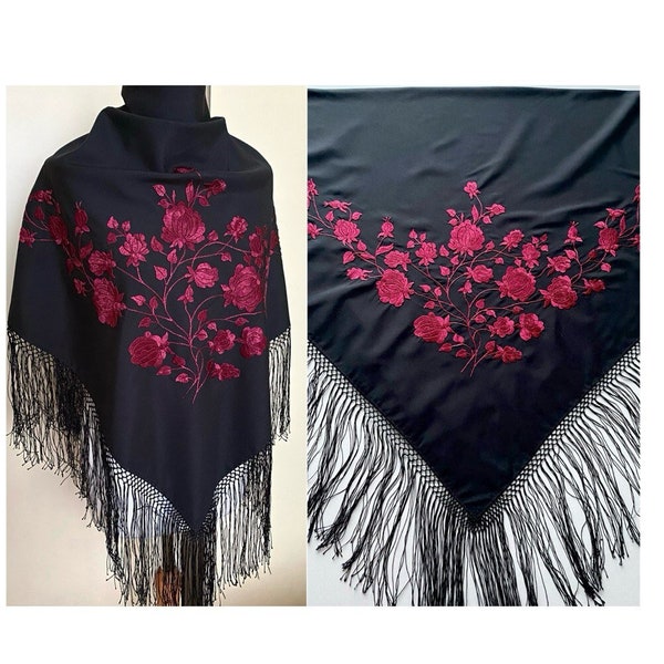 Vintage Embroidered Luxury Evening Shawl Stole Flamenco Black Burgundy Cover Retro Wedding Festival Fringle Wrap, 68x44x44'' 174x113x113 cm